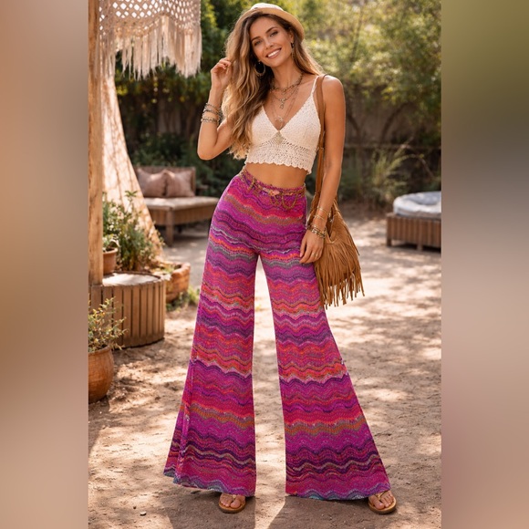 Wrangler Pants - Wrangler Boho Wide-Leg stretchy Pants in Magenta Wave Size large